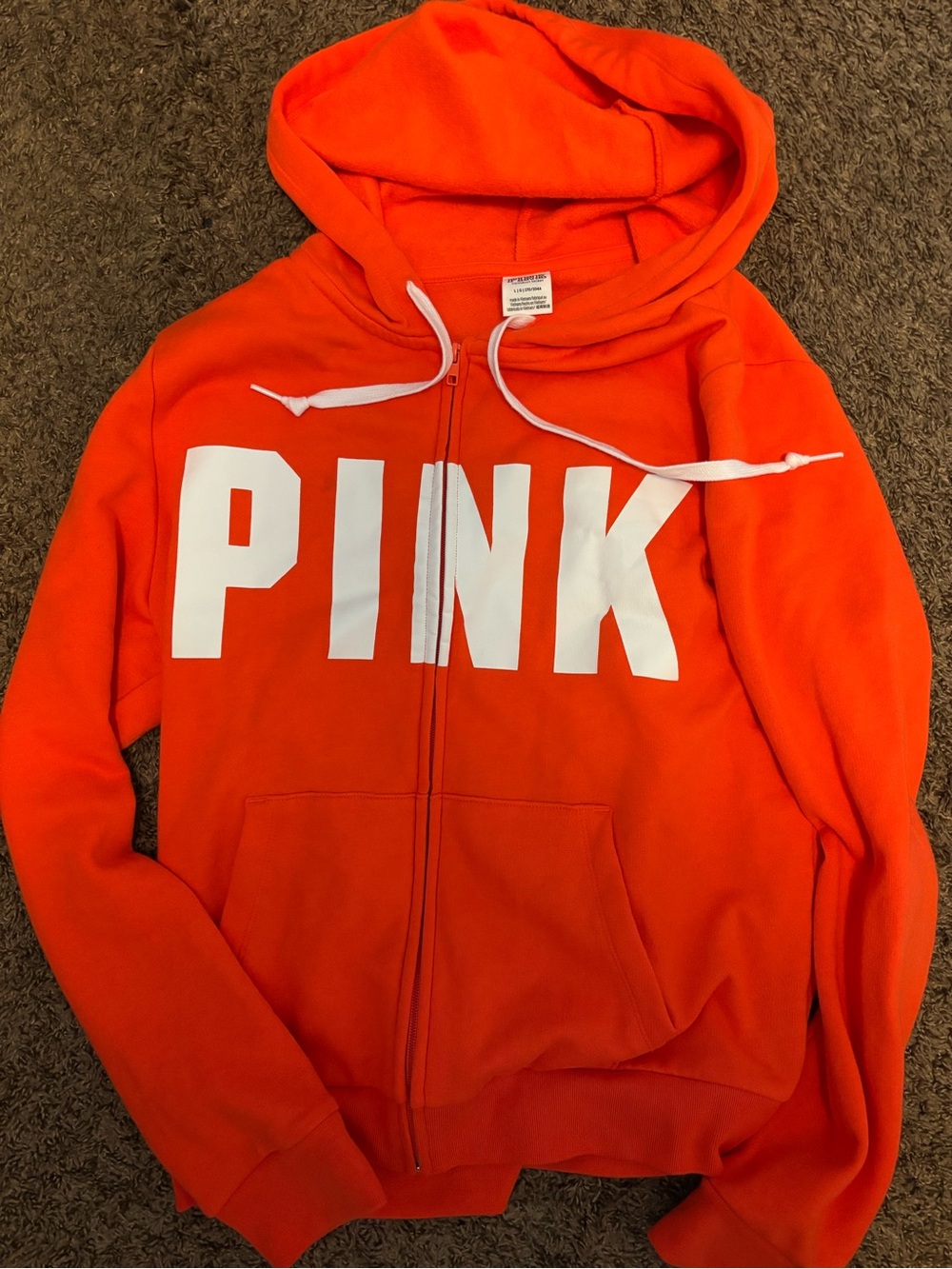 PINK Victoria's Secret Orange Zip Hoodie with White Drawstrings